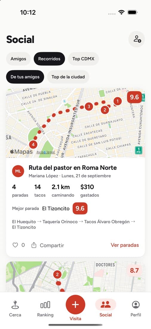 Un recorrido en la app: el mapa de la Roma con las cuatro paradas unidas por la ruta a pie, 14 tacos y 2.1 km caminando